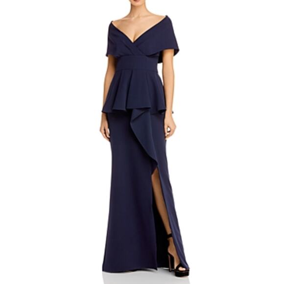 Aidan Mattox Shawl Collar A-Line Evening Gown Blue Size 4 Ruffled Thigh Slit - Picture 11 of 13